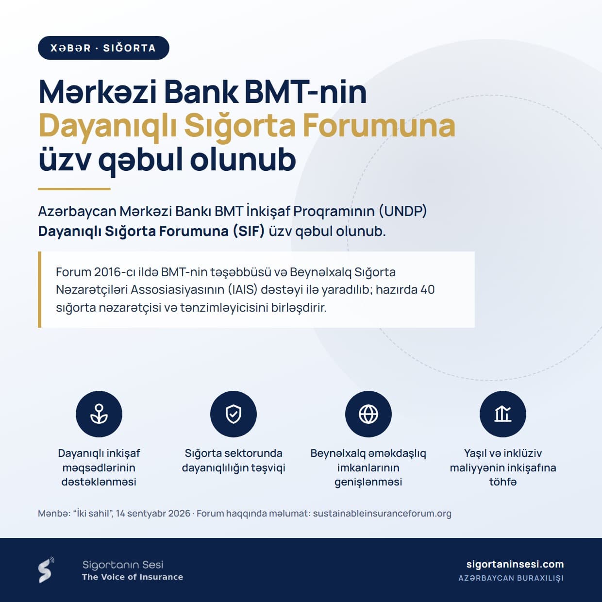 Mərkəzi Bank BMT-nin Dayanıqlı Sığorta Forumuna üzv qəbul olunub